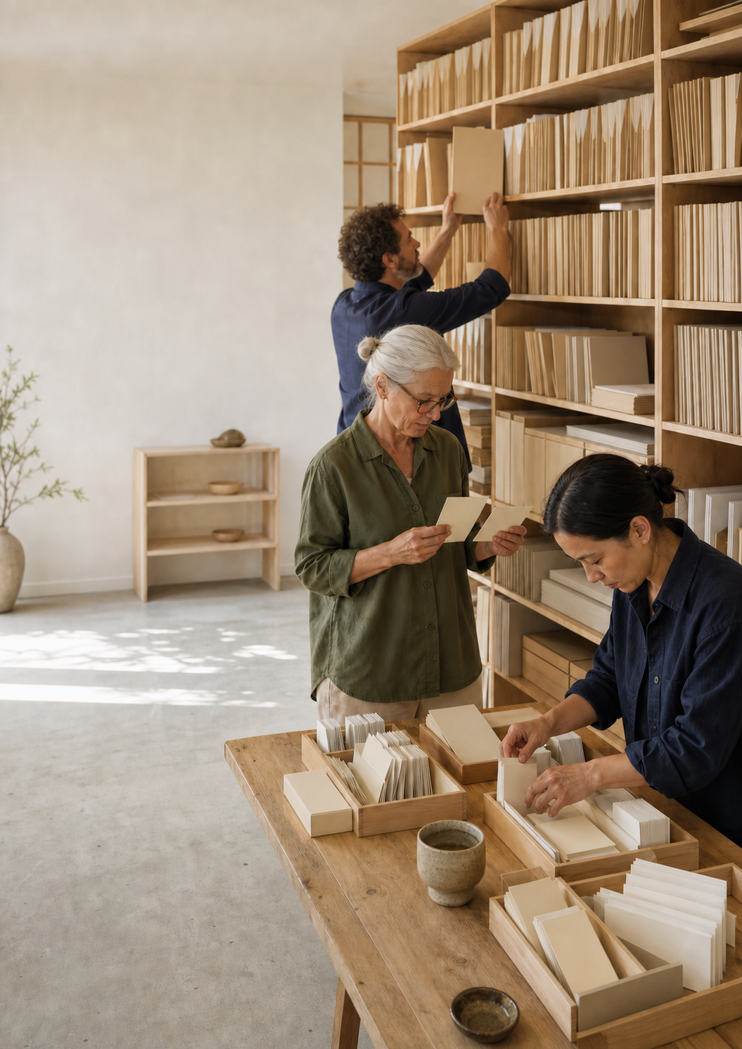 Drei Menschen sortieren Karten, Ordner und Hefte in einem hellen Archivraum